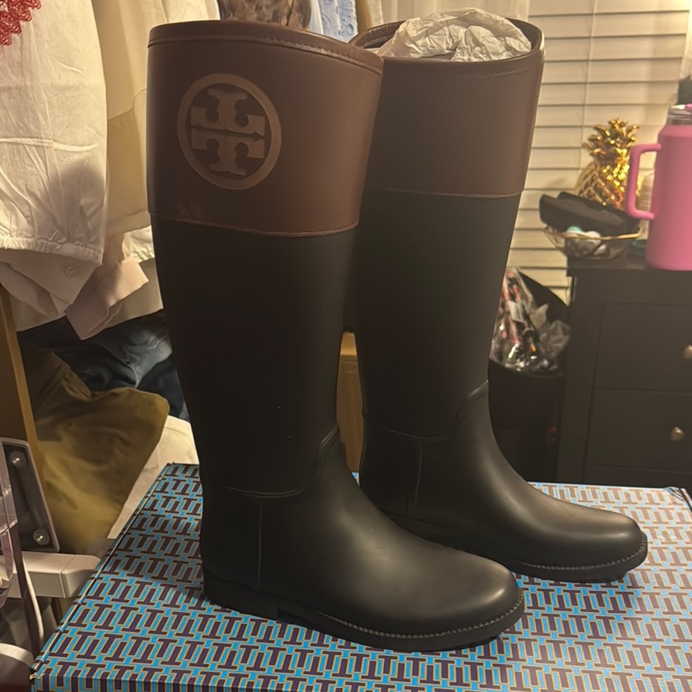 Tory Burch Classic Black and Brown Rain Boots